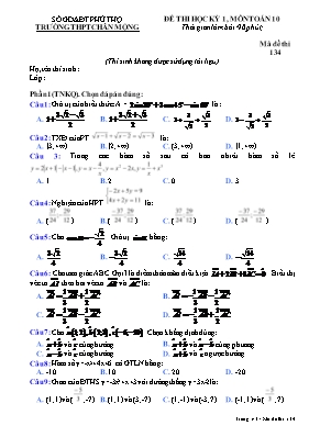 Đề thi học kỳ 1, môn Toán 10 - Mã đề thi 134